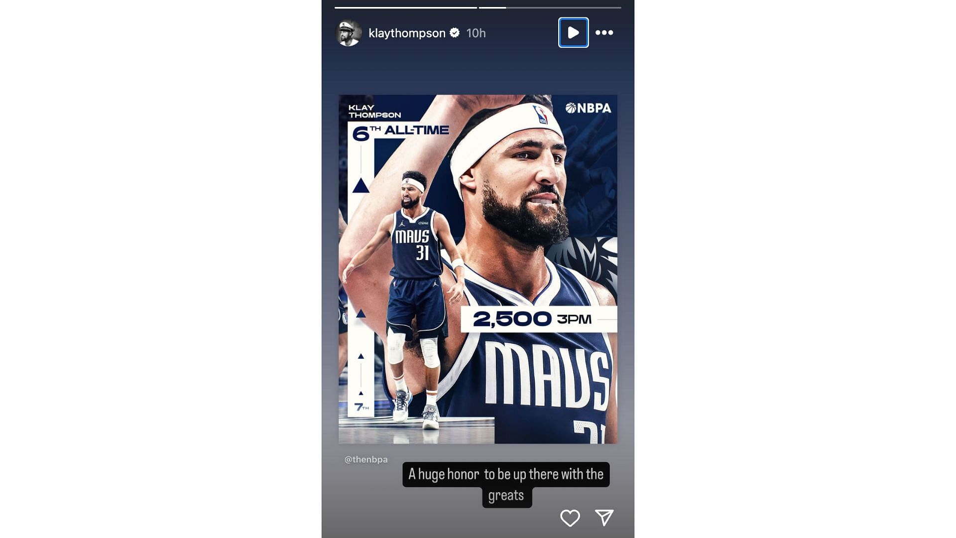 Klay Thompson of the Dallas Mavericks posts an image on his IG story after reaching 3-point milestone. Photo Credit: Klay Thompson&#039;s IG account