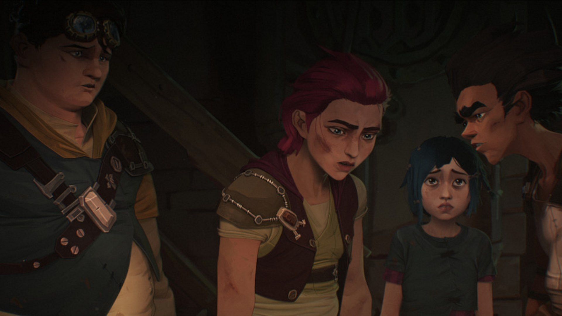 A still of Vi, Jinx, Mylo, and Claggor from Arcane Season 1 (Image via Tudum by Netflix)