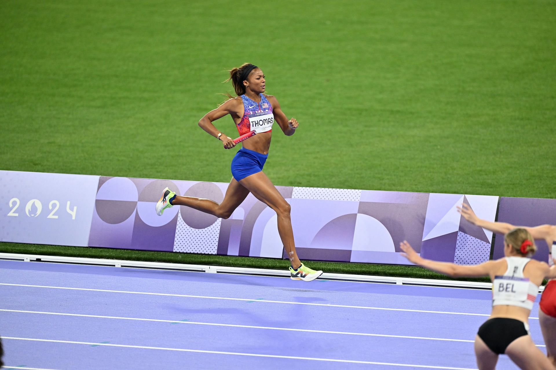 Athletics - Olympic Games Paris 2024: Gabby Thomas in action during the women&#039;s 4x400m relay finals (Source: Getty)