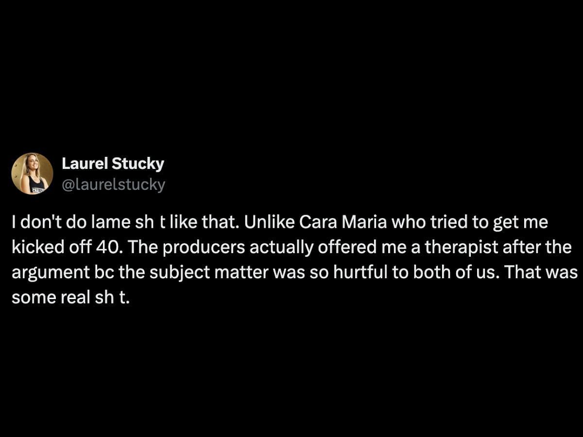 The Challenge star Laurel Stucky&#039;s tweet about Cara Maria (Image via X/@laurelstucky)