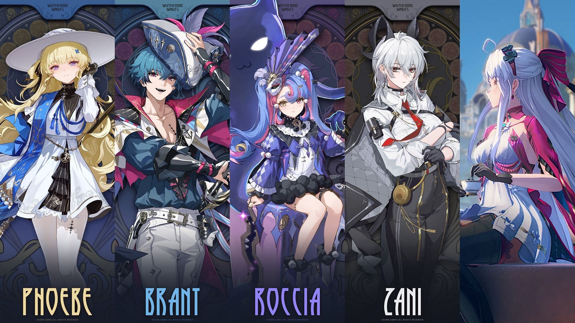 Phoebe, Brant, Roccia, Zani, and an unnamed character (Image via Kuro Games)