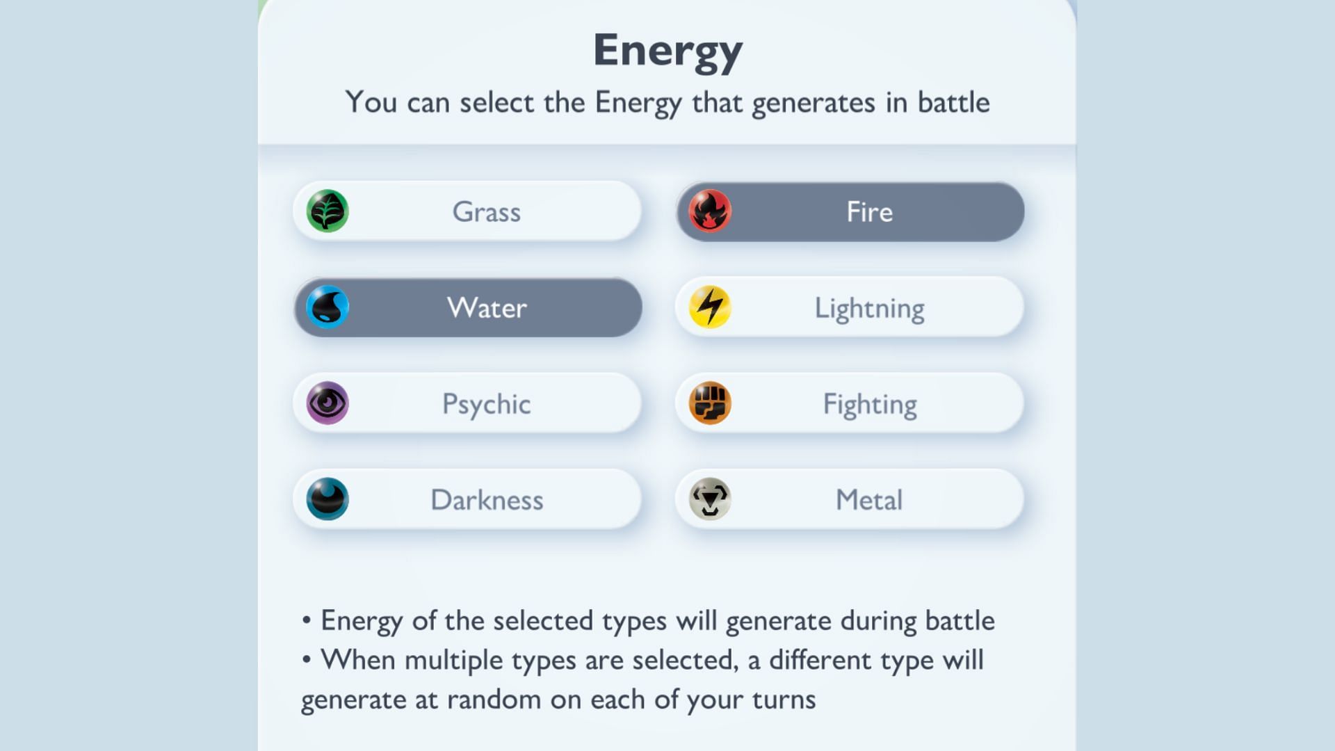 Energy selection screen in the game (Image via The Pokemon Company)