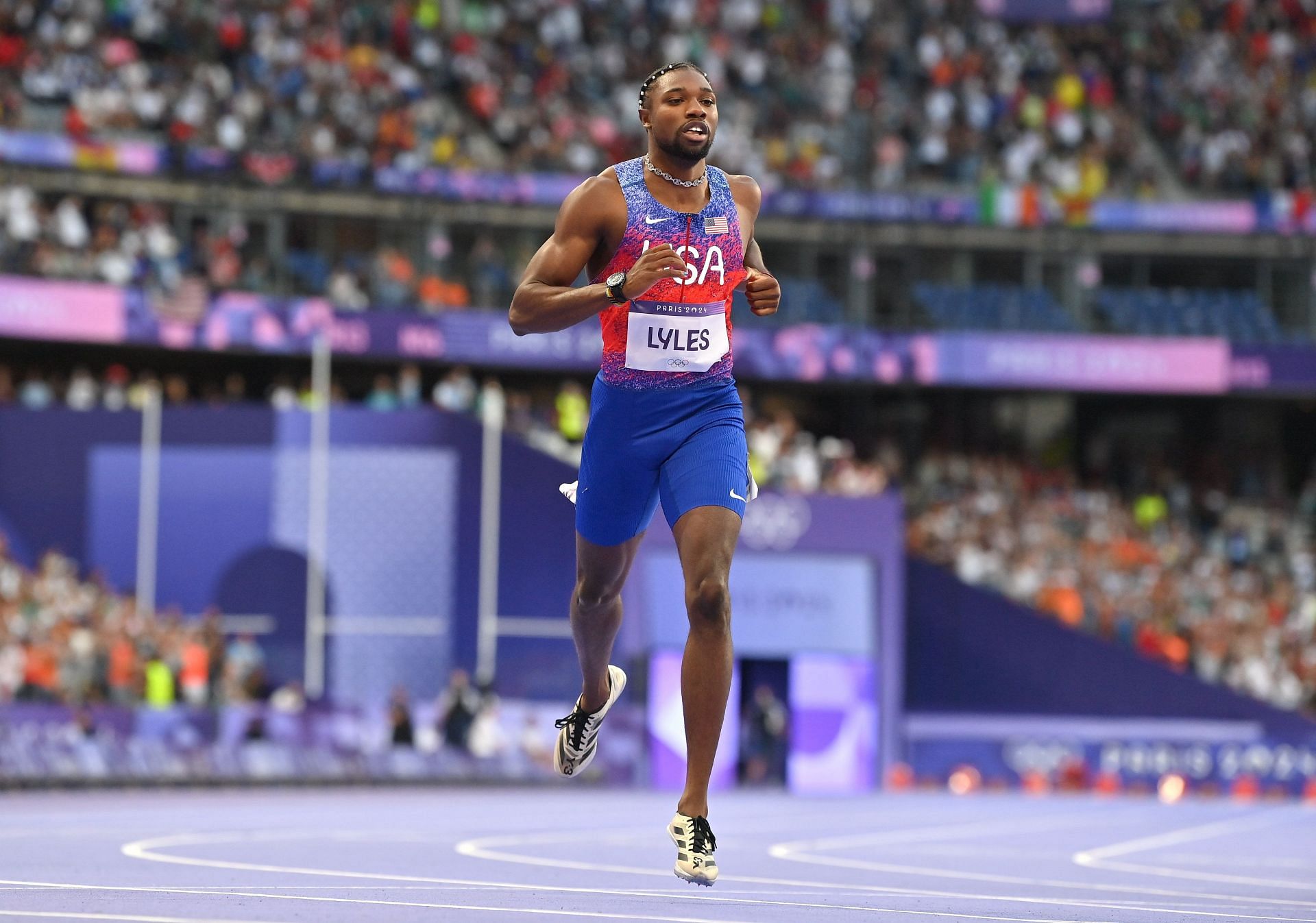 Noah Lyles after reaching the finish line in men&#039;s 200m finals at Paris Olympics 2024 [Image Source: Getty]