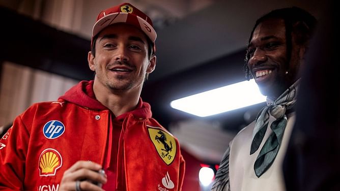 WATCH : Charles Leclerc and Carlos Sainz question Noah Lyles about his next race as they meet the Olympian and his fiancé at the Las Vegas GP