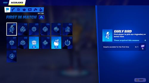 List of all First In Match Accolades in Fortnite Chapter 2 Remix (Image via Epic Games)