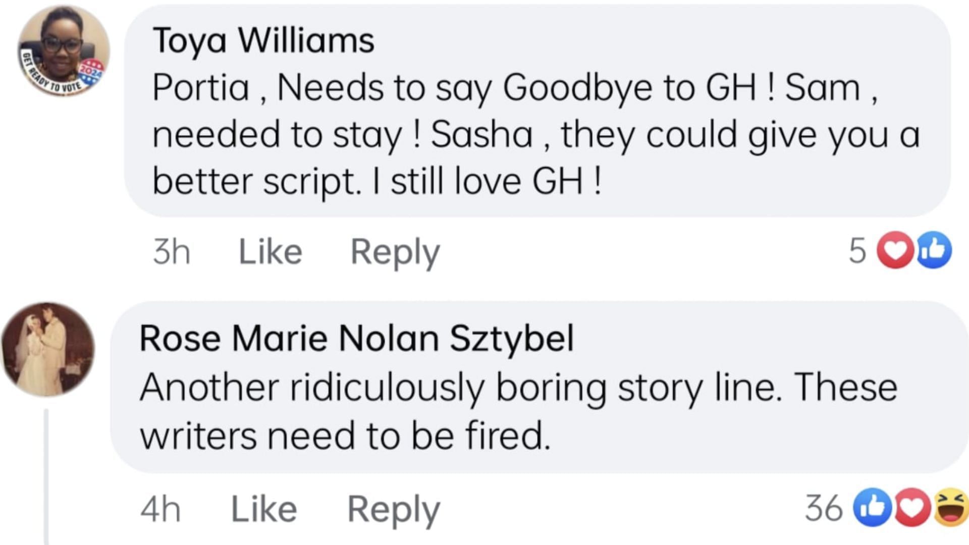 Screenshot of fan comments requesting makers to have better script (Image via Facebook / General Hospital)