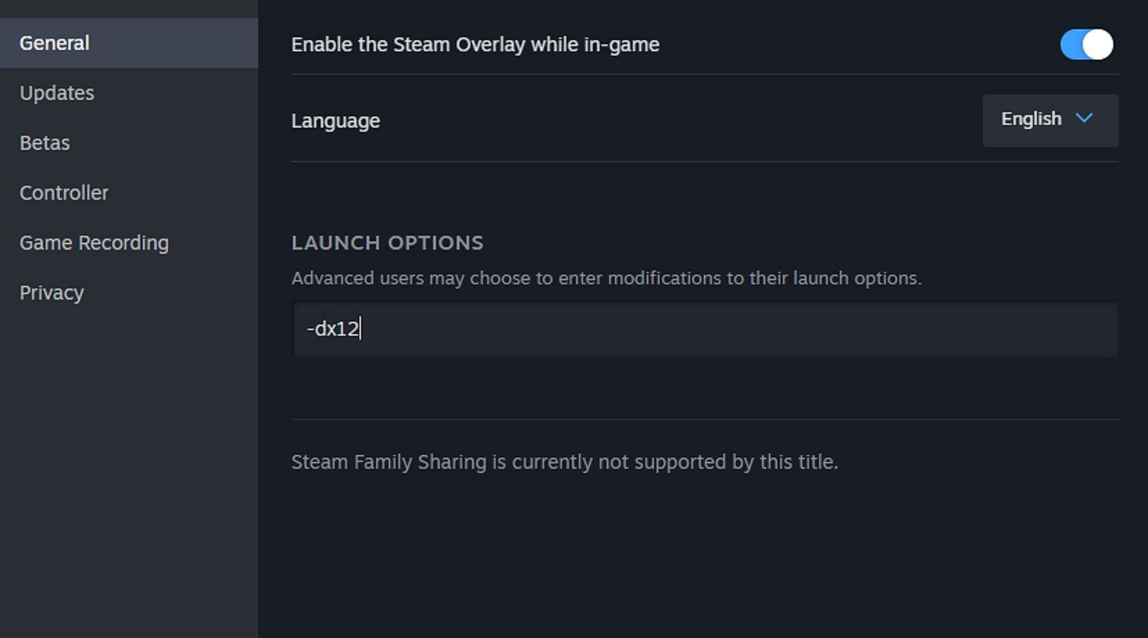 The game launch settings page on Steam (Image via Valve)