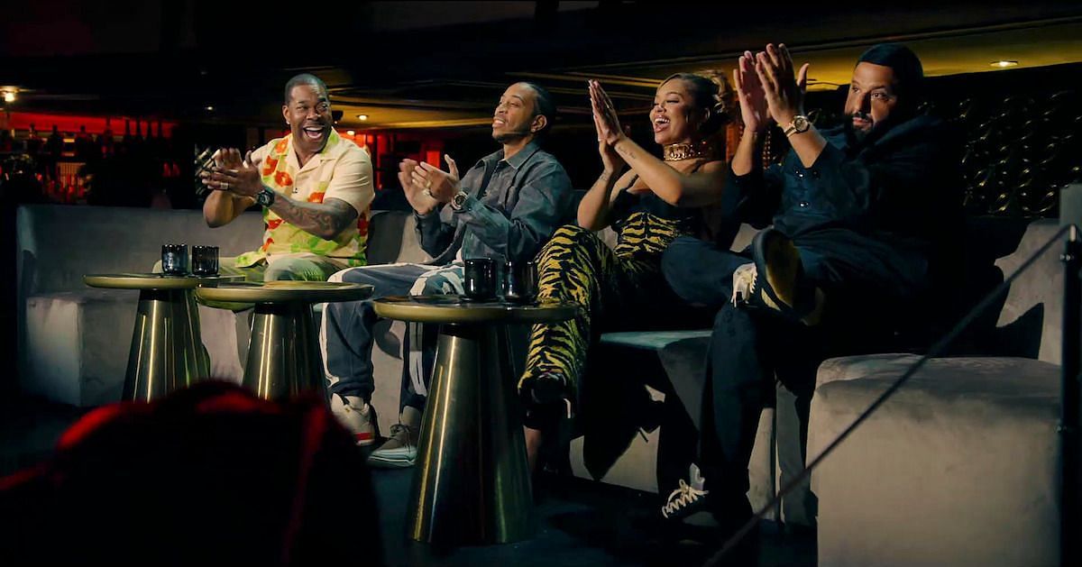 Rhythm + Flow Judges Busta Rhymes, Ludacris, Latto, and DJ Khaled (Image via Netflix Tudum)