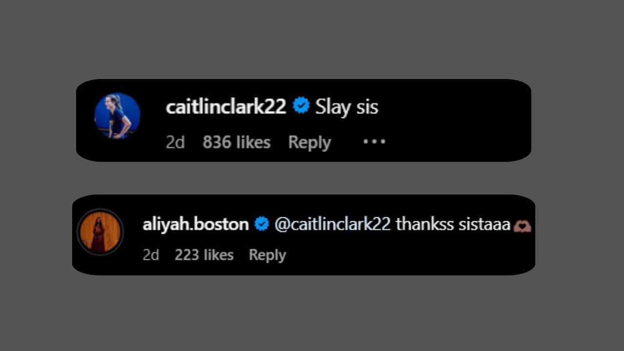 Caitlin Clark comments on Boston&#039;s IG post. (Credits: aliyah.boston/Instagram)