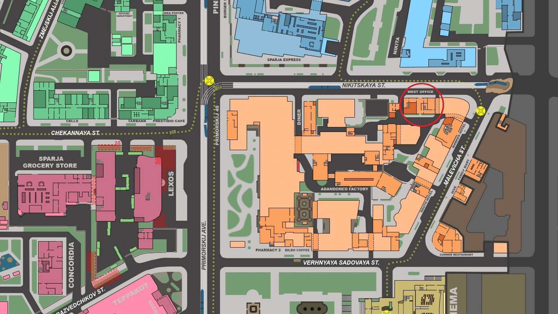 Location of the Financial institution building on Streets of Tarkov (Image via Battlestate Games II Tarkov Wiki)