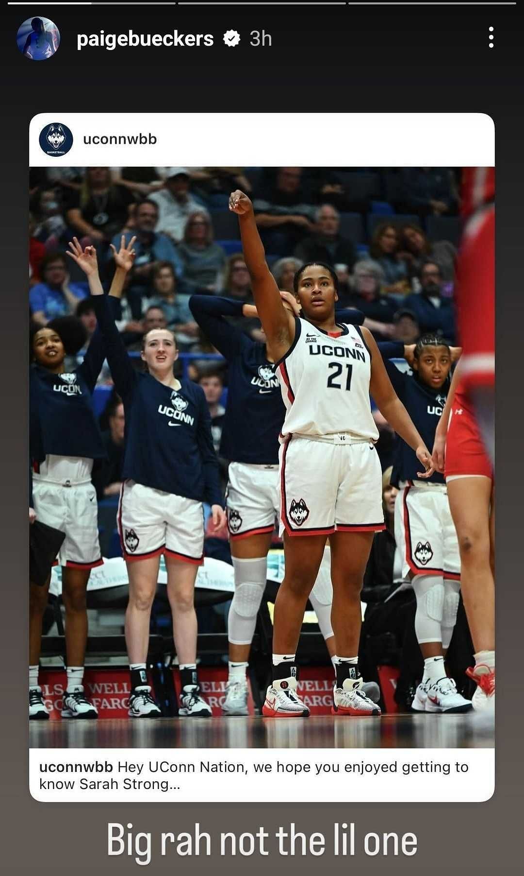 UConn women&#039;s basketball star Paige Bueckers praises Sarah Strong for her performance against Boston University on Nov. 7, 2024. (IG/Paige Bueckers)