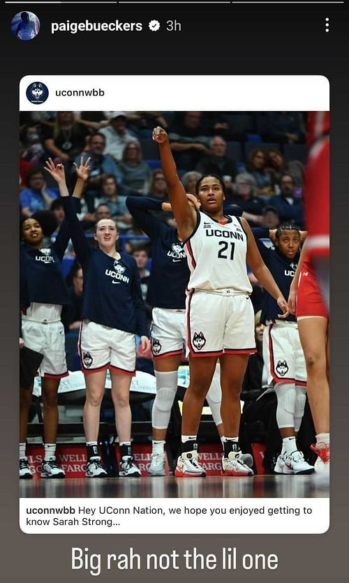 UConn women's basketball star Paige Bueckers praises Sarah Strong for her performance against Boston University on Nov. 7, 2024. (IG/Paige Bueckers)