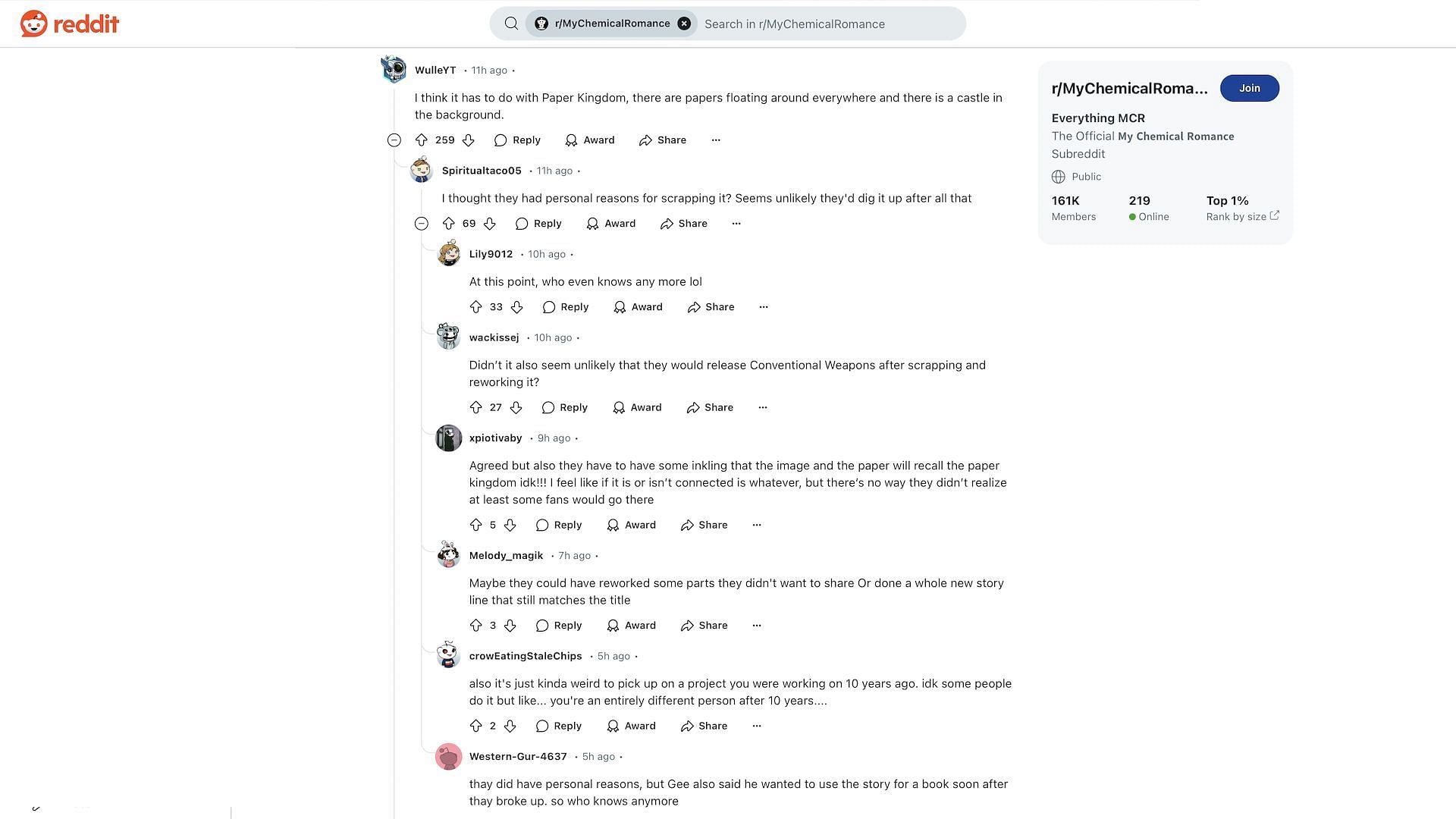 Screenshot of fan discussions on My Chemical Romance&#039;s Subreddit (Image via reddit.com)