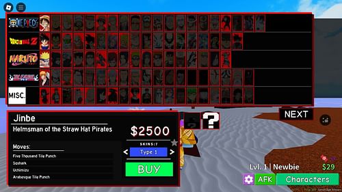 Jinbe in the Character Select screen (Image via Roblox)