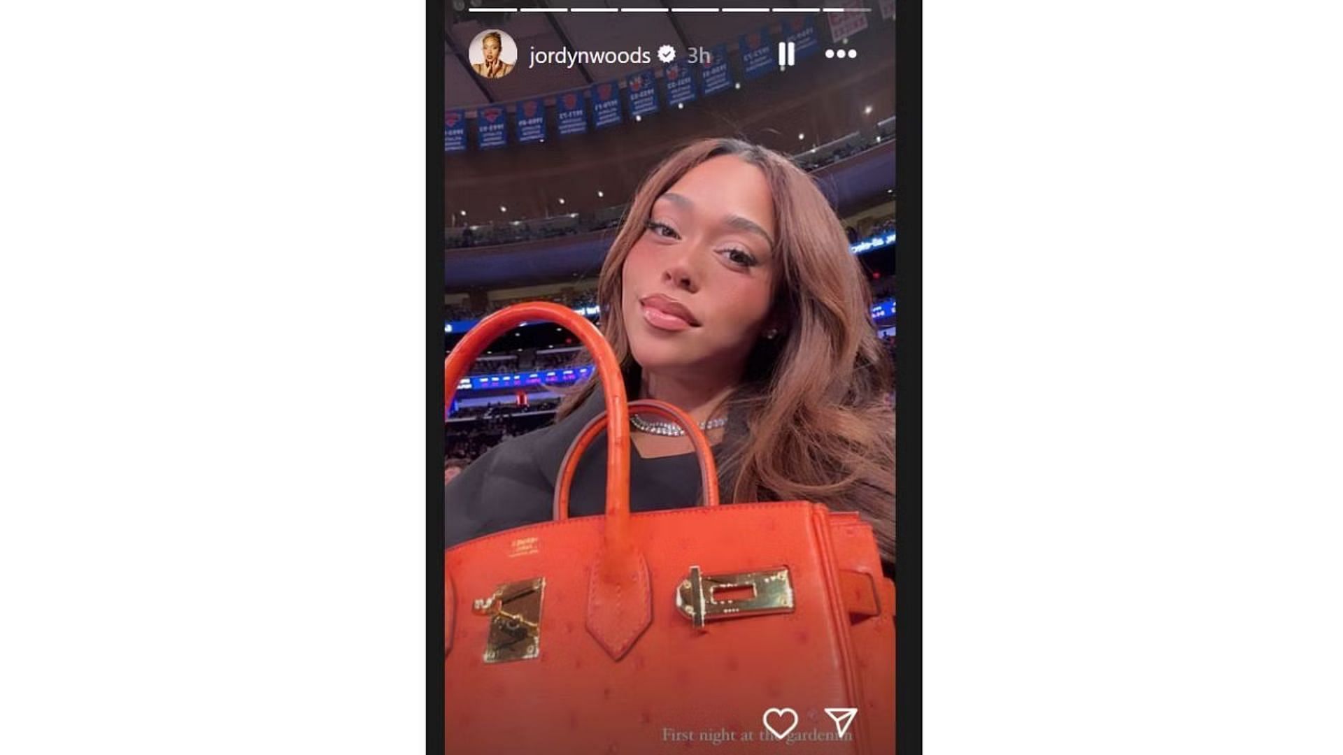 J. Woods poses with a Hermes Birkin bag at Madison Square Garden. Photo Credit: Jordyn Woods' IG account