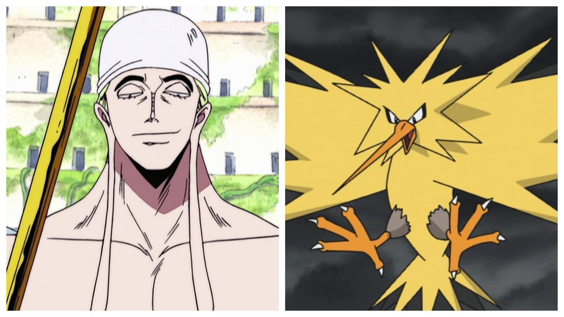 Enel in One Piece and Zapdos in Pok&eacute;mon (Image via Toei Animation/The Pok&eacute;mon Company)