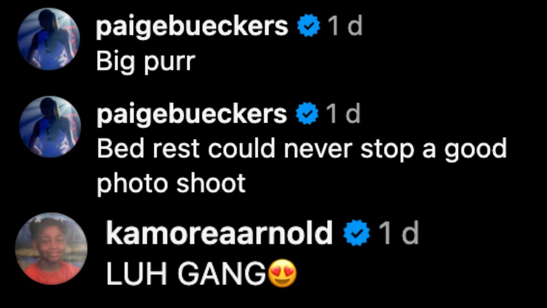 Paige Bueckers and KK Arnold&#039;s comment (Credit: Instagram/@niak.muhl)