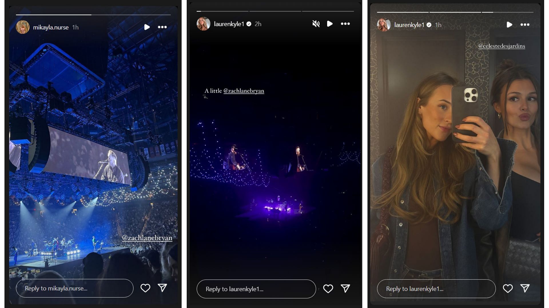 Mikayla Nurse and Lauren Kyle&#039;s Instagram Stories featuring the concert (Souce: Instagram @mikayla.nurse, @laurenkyle1)