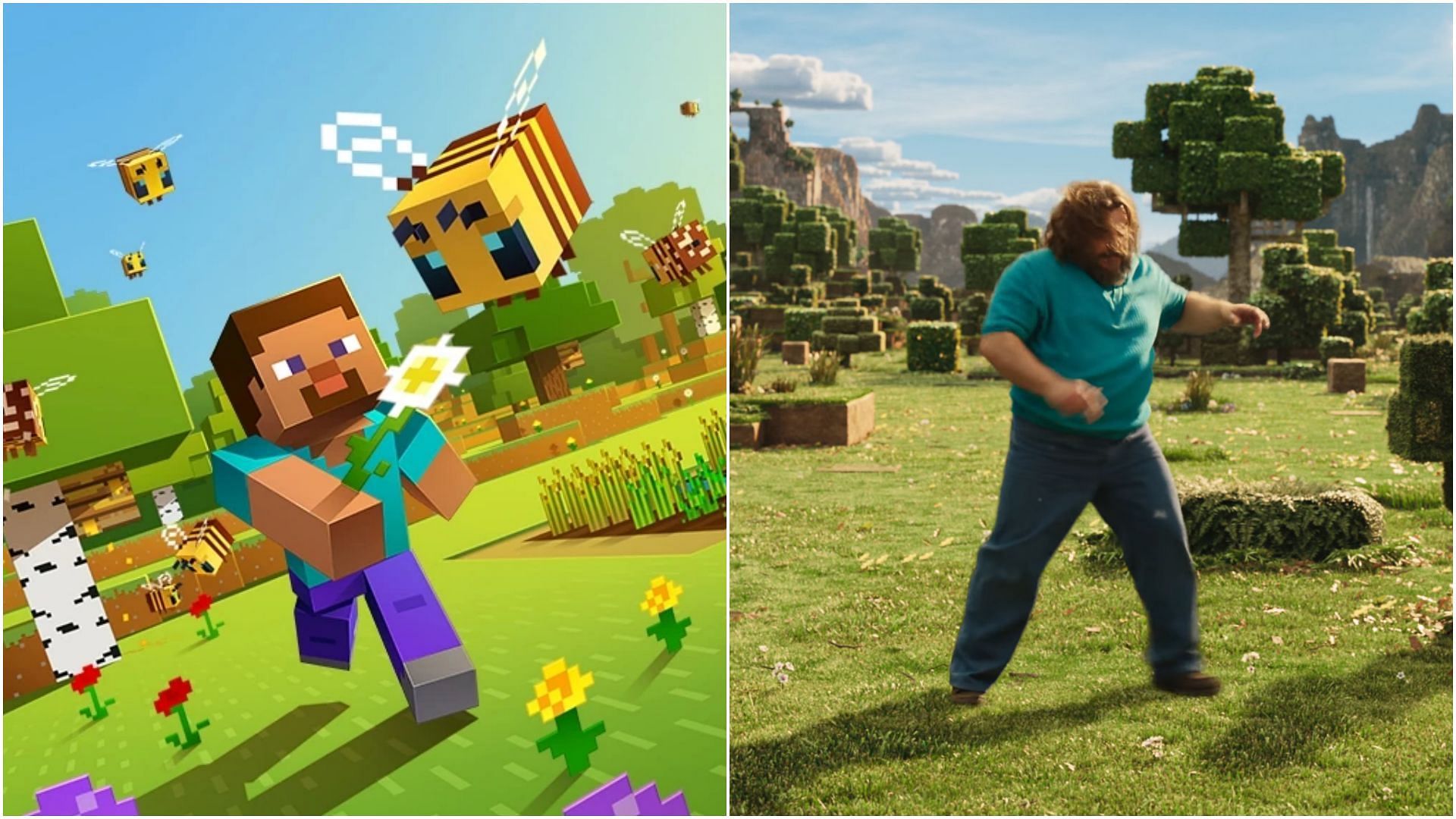 Steve&#039;s in-game lore is quite different compared to that of in A Minecraft Movie (Image via Minecraft Wiki || YouTube/Minecraft)