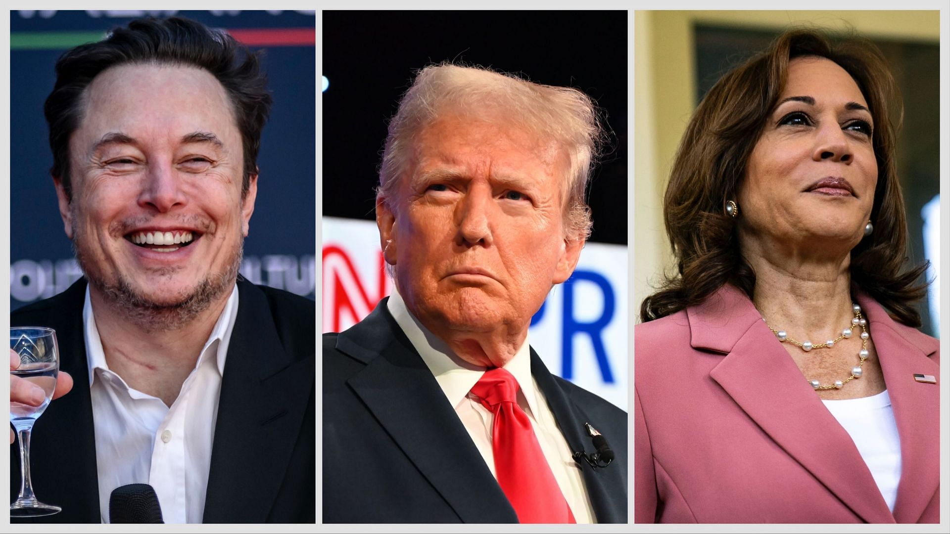 Elon Musk (L), Donald Trump (center), Kamala Harris (R), Sources: Getty