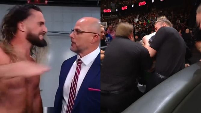 Adam Pearce rushes out very upset on WWE RAW; physically drags Seth Rollins away
