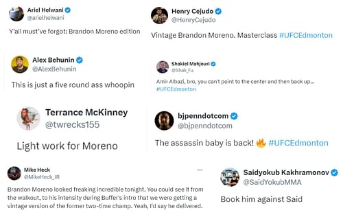 Screenshots of the MMA world's reaction to Brandon Moreno's win over Amir Albazi