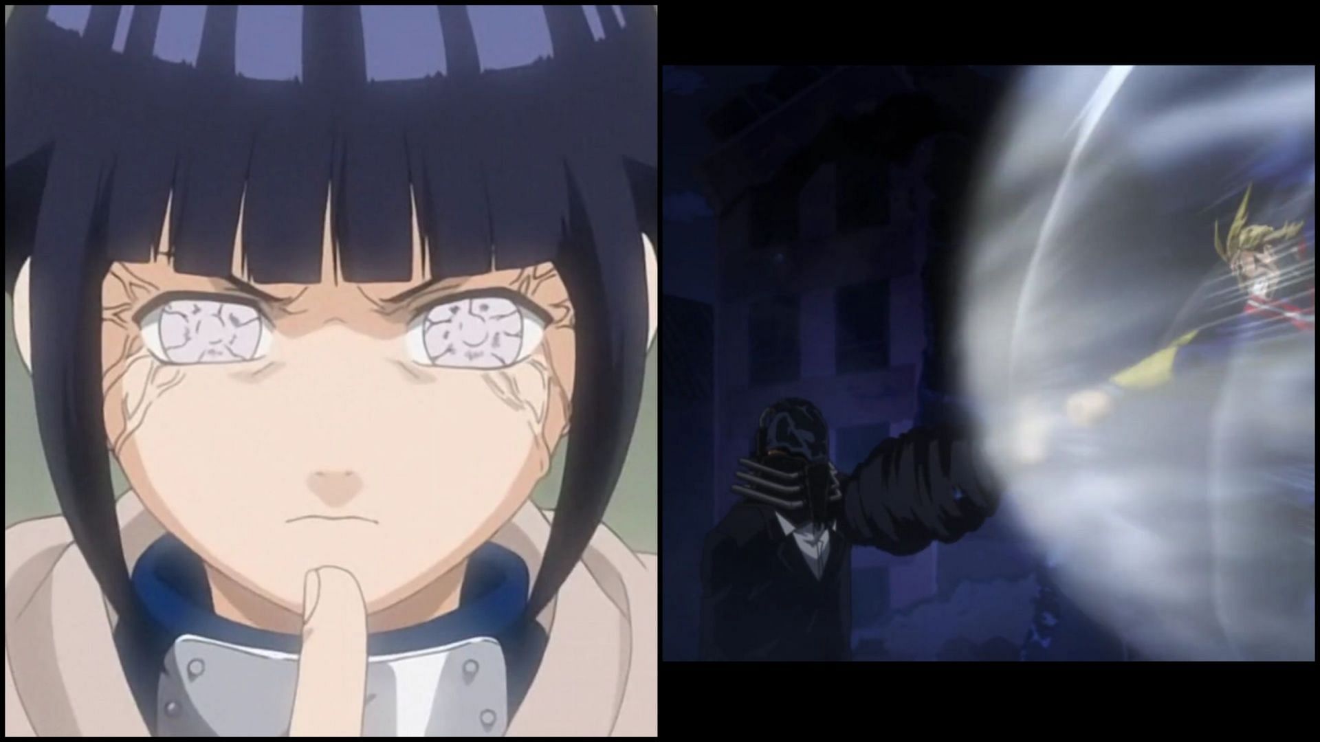 Hinata using Byakugan[left] All For One using Air Cannon[right] (Image via Studio Pierrot/Studio Bones)