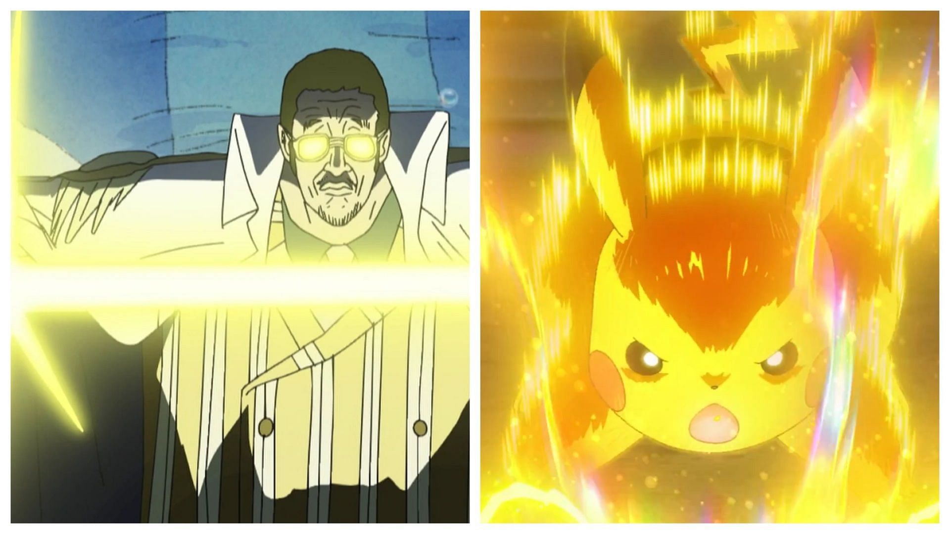 Kizaru in One Piece and Pikachu in Pok&eacute;mon (Image via Toei Animation/The Pok&eacute;mon Company)