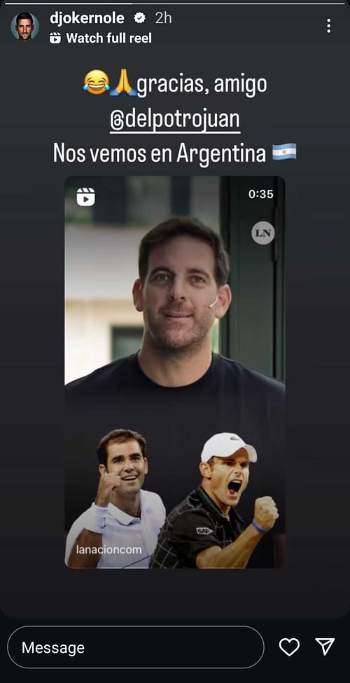 Novak Djokovic's Instagram Story (Image: Instagram @djokernole)