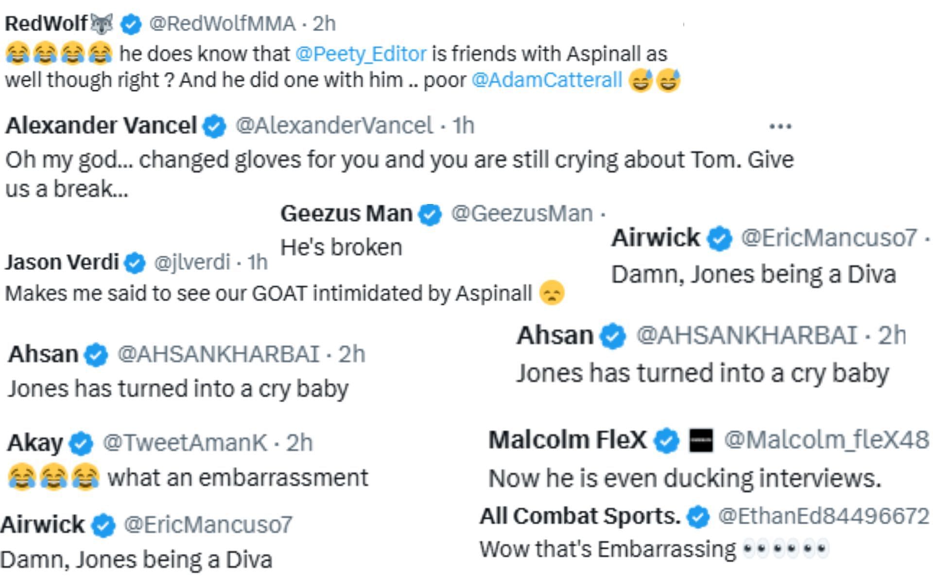 Screenshot of fan reactions to Jones walking out of an interview due to potential Tom Aspinall questions