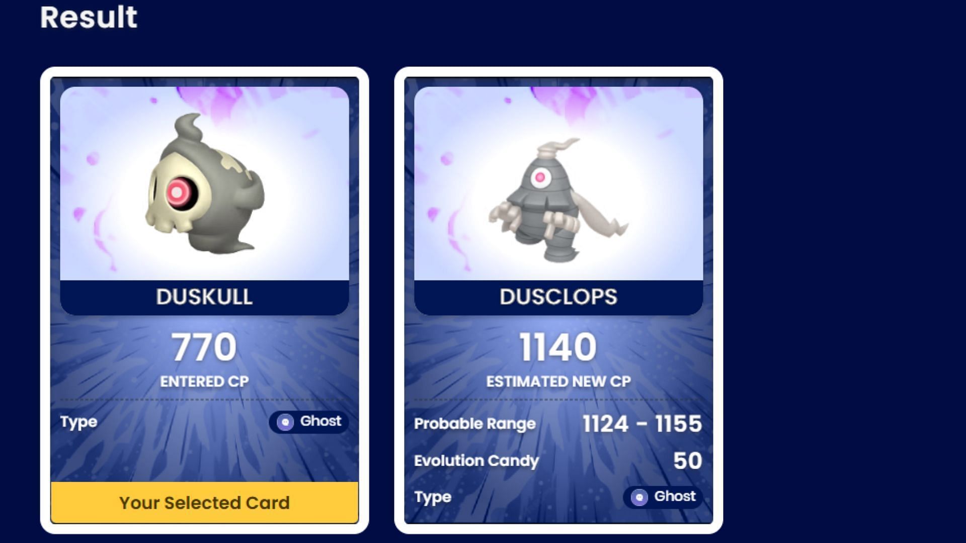 Calculating CPs of Duskull and Dusclops with our in-built Evolution calculator (Image via The Pokemon Company)