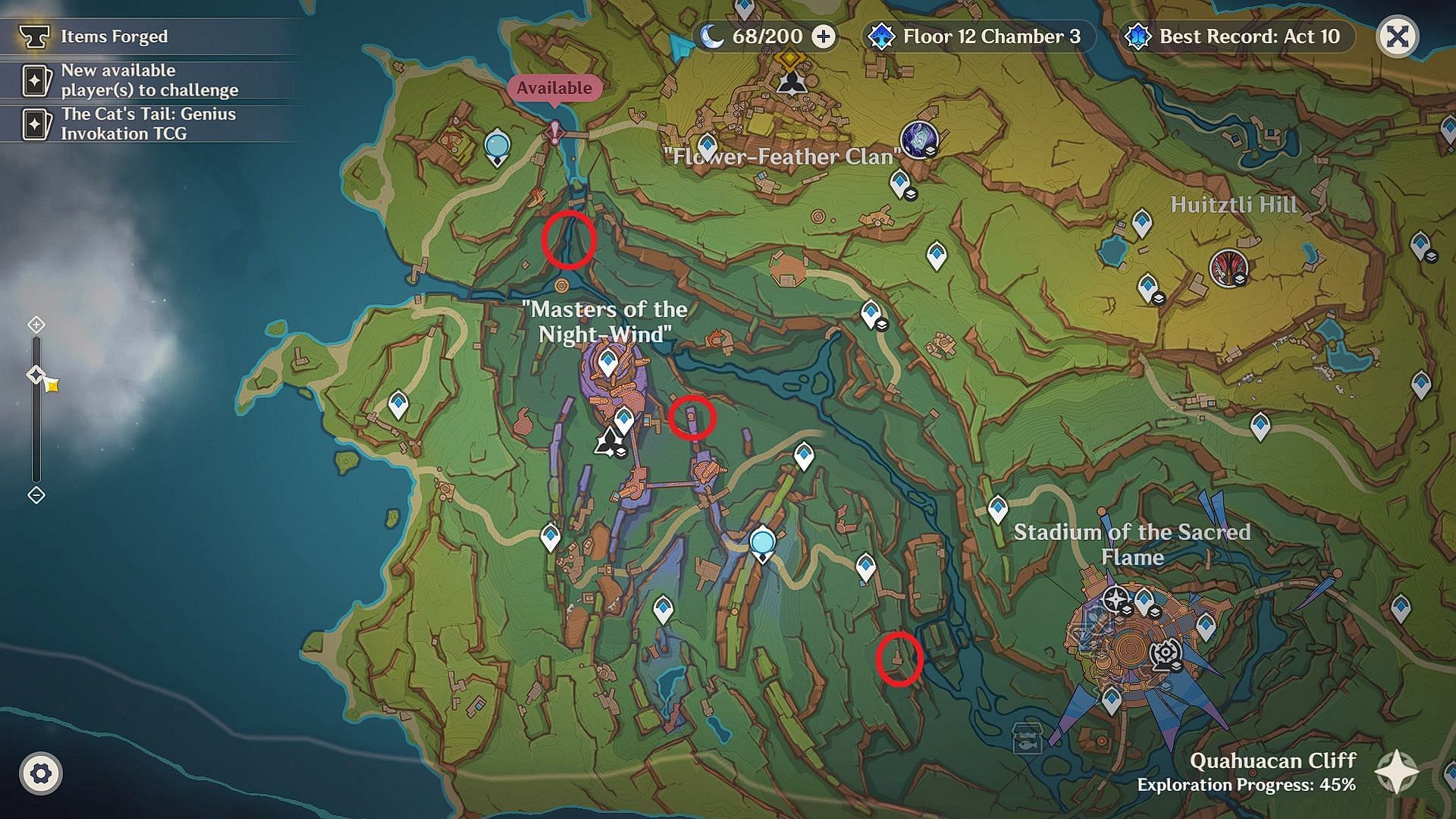 Locations of all the Masters of the Night-Wind Warrior&#039;s Challenges (Image via HoYoverse)