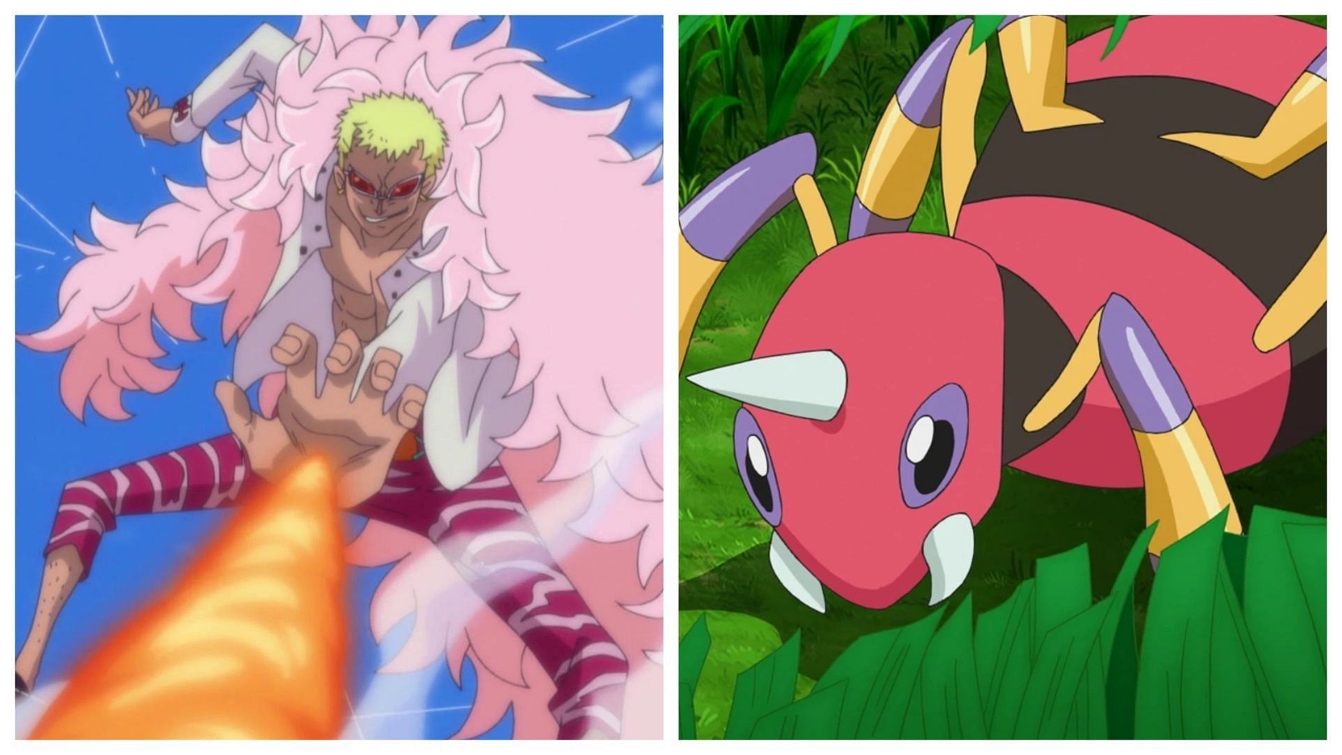 Doflamingo in One Piece and Ariados in Pok&eacute;mon (Image via Toei Animation/The Pok&eacute;mon Company)