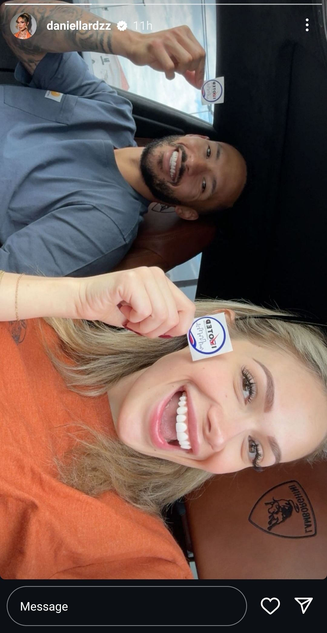 Carlos and wife Daniella take a selfie in their Lamborghini after voting in the US elections. Source - Instagram.