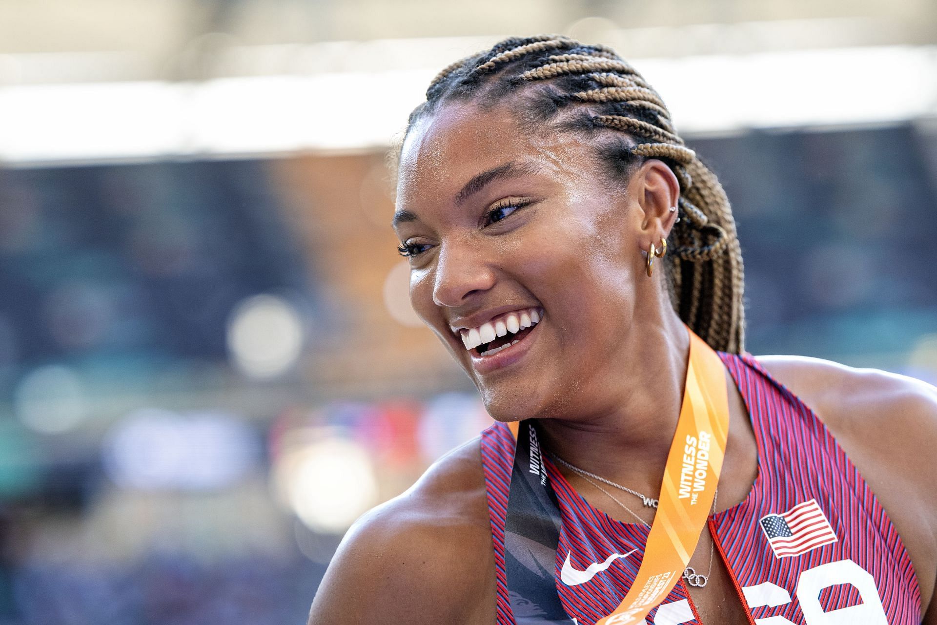 Tara Davis-Woodhall smiling after winning silver at the World Athletics Championships. Budapest 2023. - (Source: Getty)