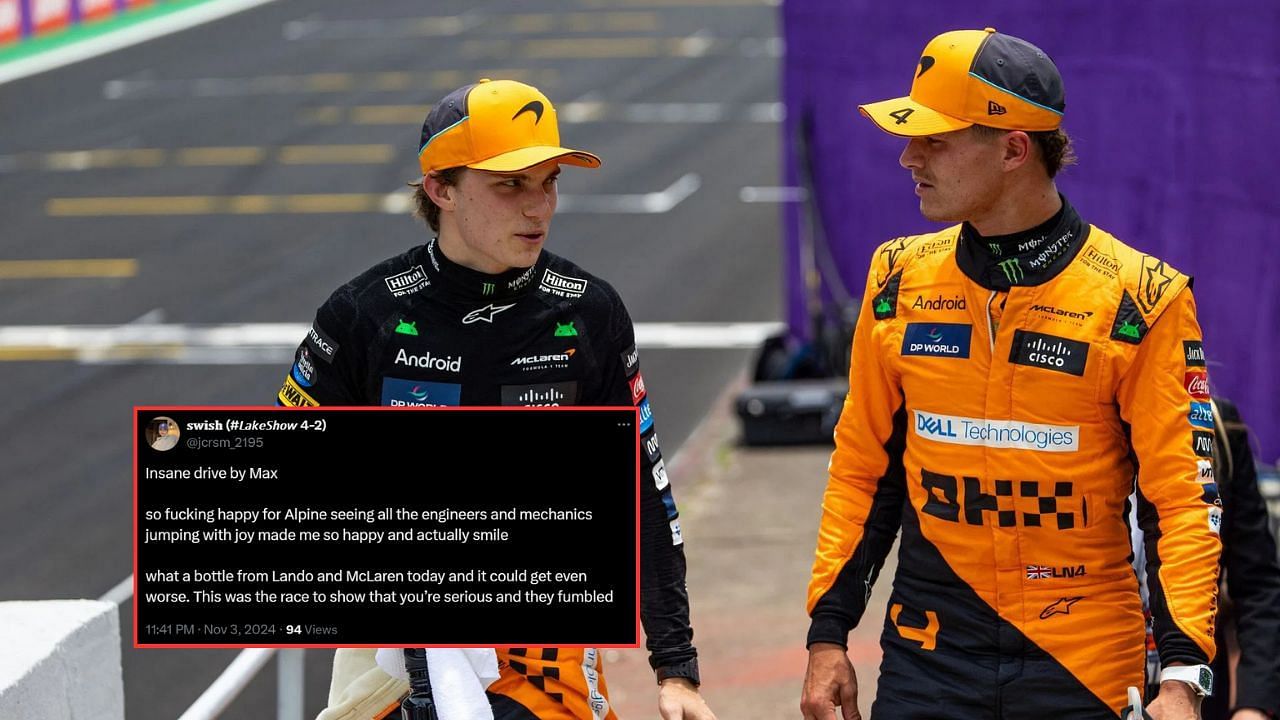 In Picture: Oscar Piastri and Lando Norris of McLaren (from Left). Credit: Getty Images. Fan Reaction by x.com/jcrsm_2195