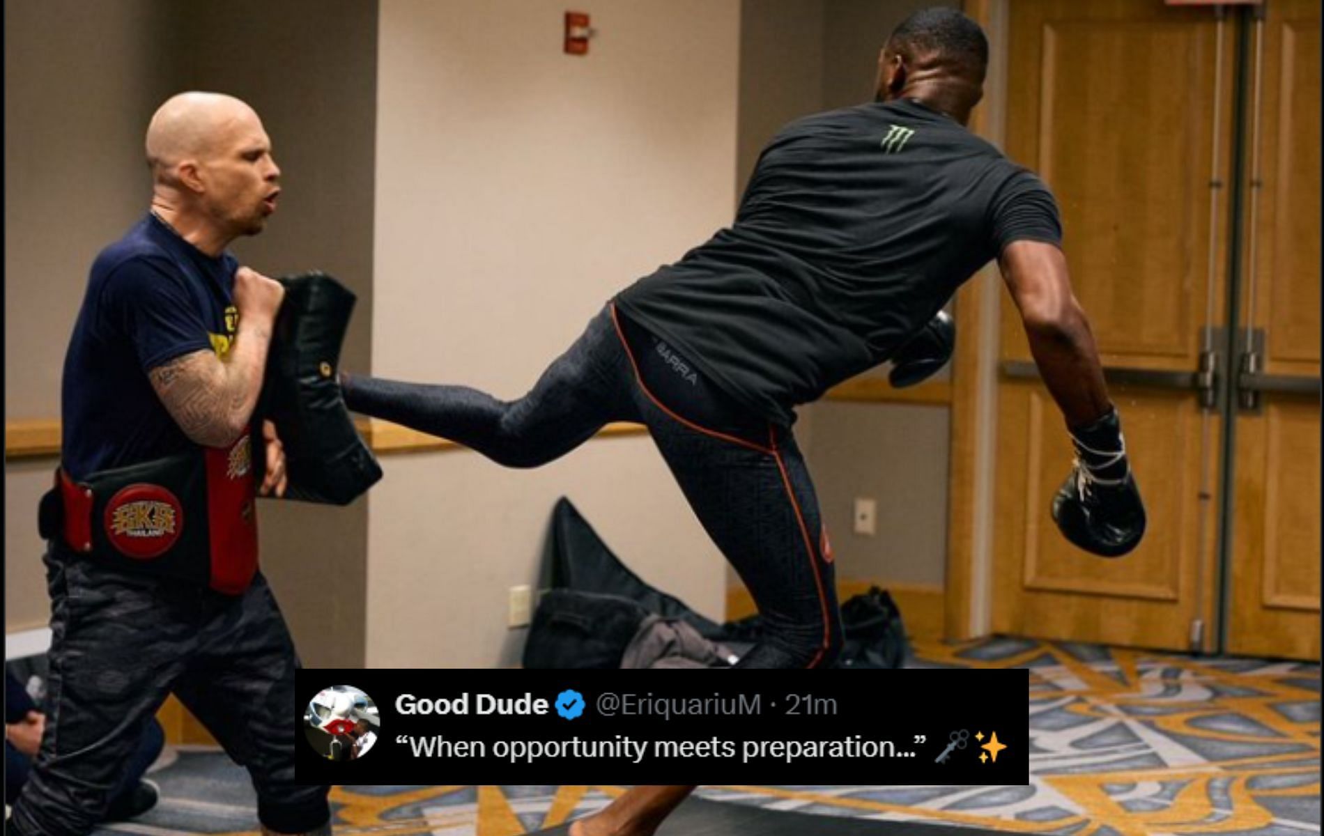 Fans react to Jon Jones sharing photo of training the spinning back kick. [Image Courtesy: @JonnyBones on X]