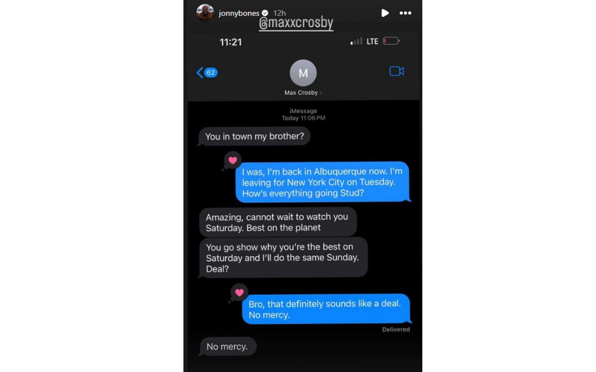 Jones&#039; Instagram story showing text exchange with Crosby [Image courtesy: @jonnybones on Instagram]