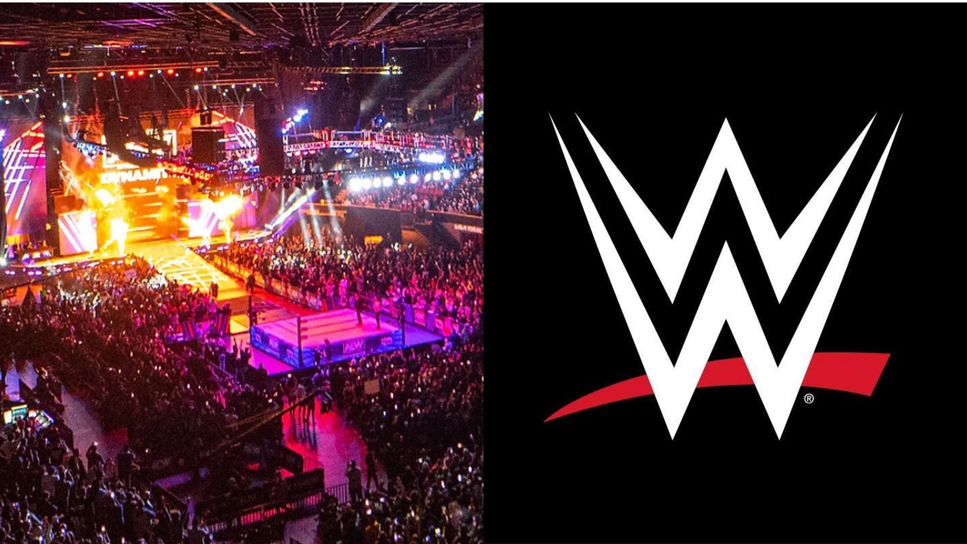 AEW arena (left) and WWE logo (right). (Image credits: aew.com &amp; WWE Facebook page)