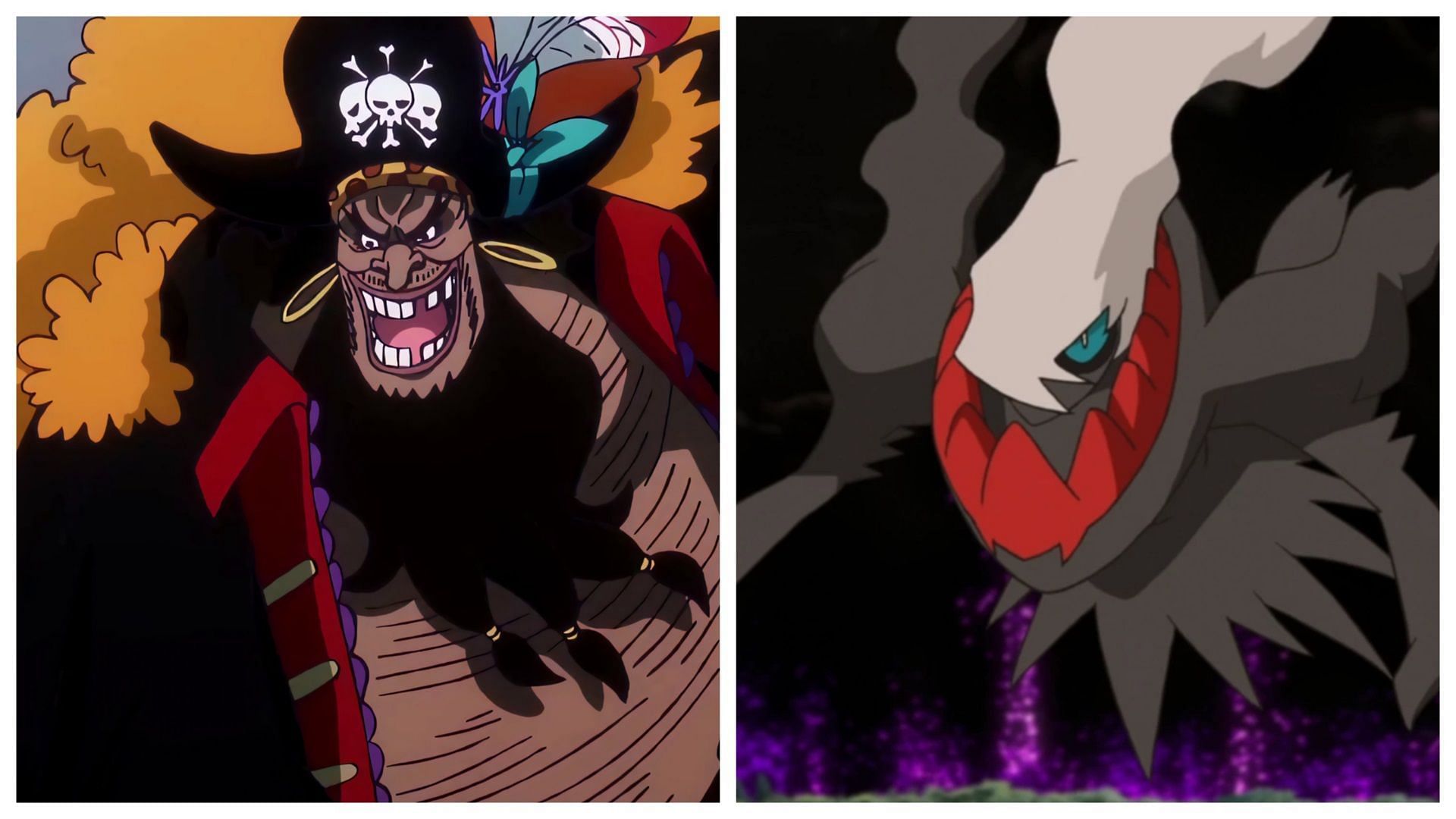 Blackbeard in One Piece and Darkrai in Pok&eacute;mon (Image via Toei Animation/The Pok&eacute;mon Company)