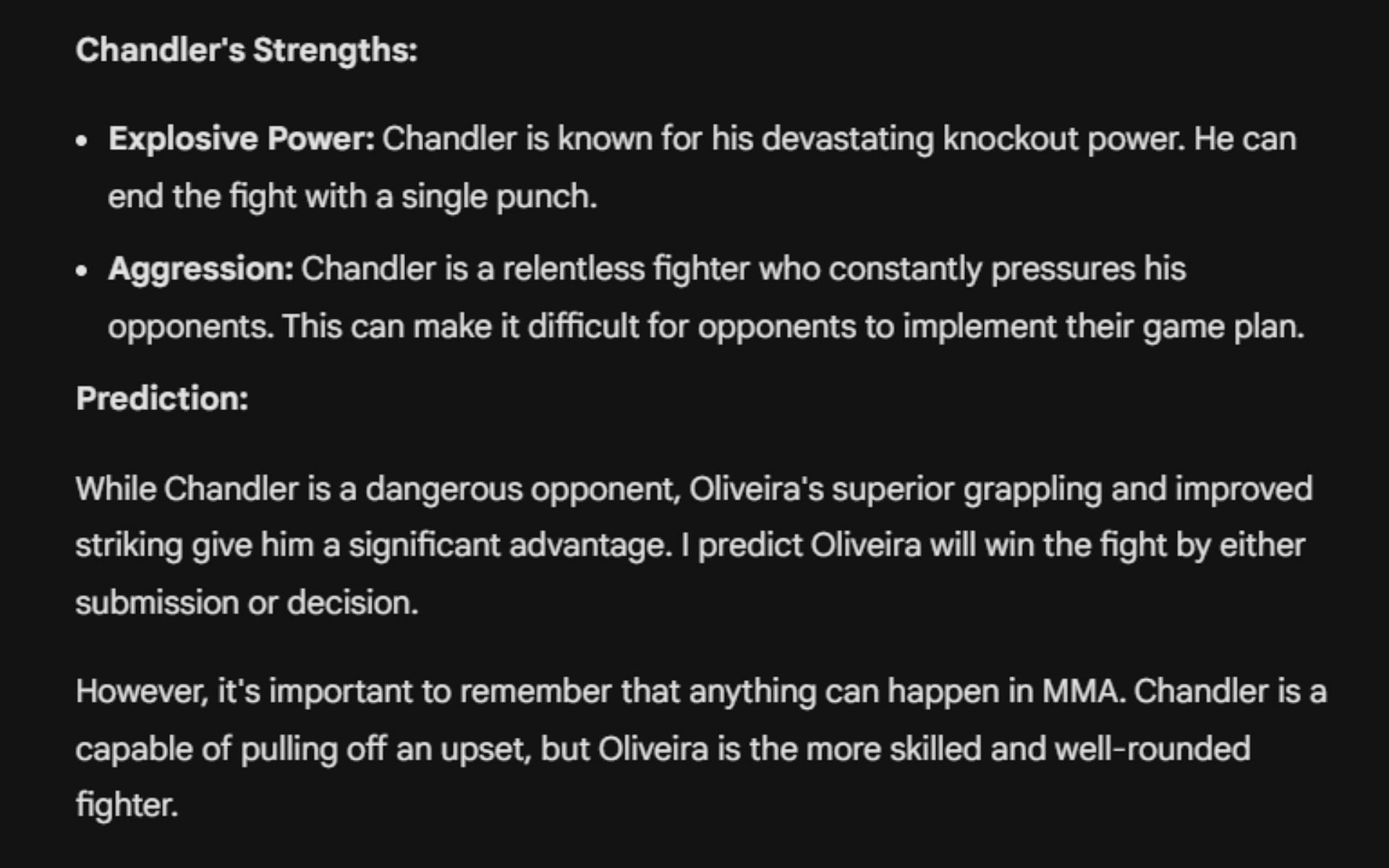 Screenshot of Google's AI prediction for Charles Oliveira vs. Michael Chandler