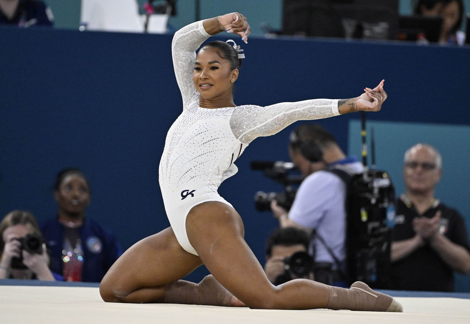 Jordan Chiles performing during the floor exercise finals at the Paris Olympics in 2024 [Image Source : Getty]