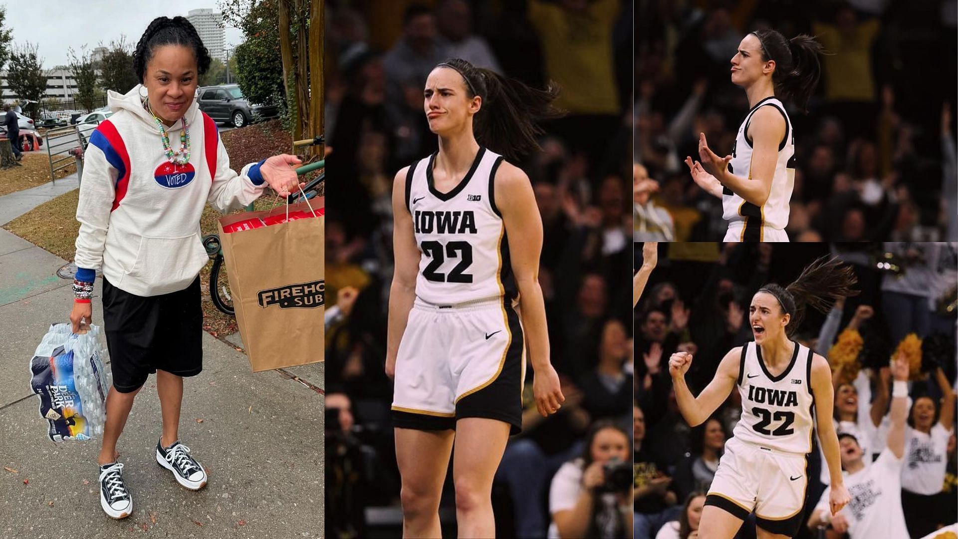 Dawn Staley (left) and Caitlin Clark (center and right) [Images via IG/@staley05, @caitlinclark22]