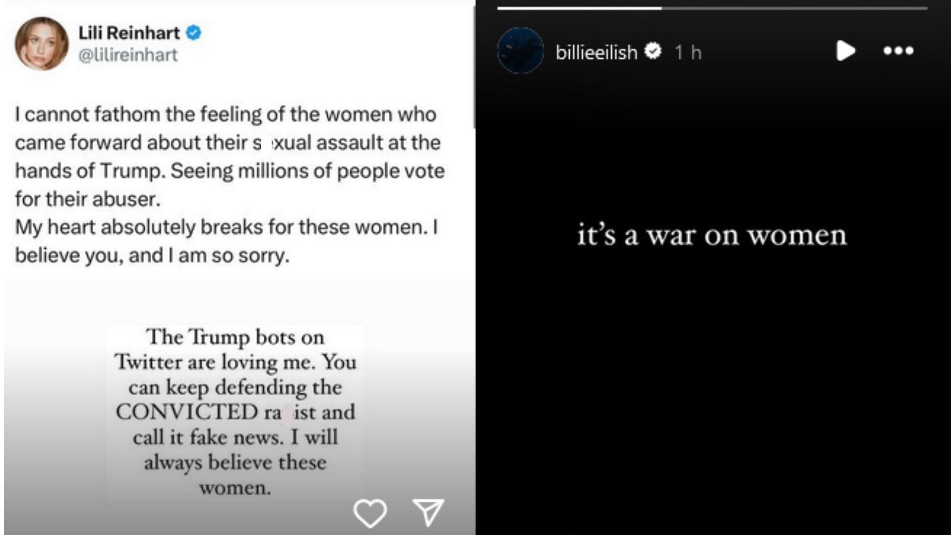 Celebrities express disappointment over Trump&#039;s win (Image via Instagram / @lilireinhart / @billieeilish)