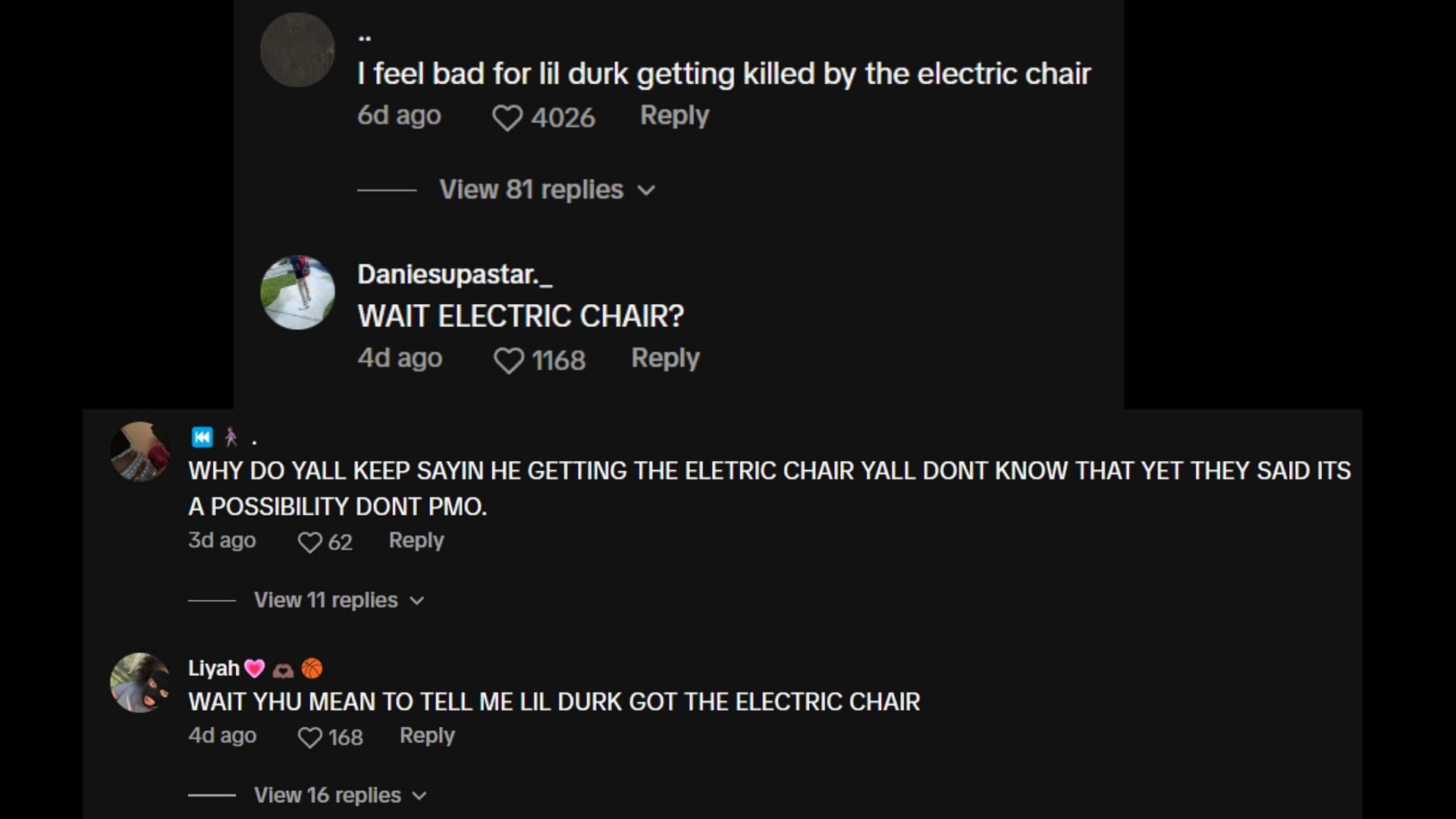 Netizens react to the rumor that Lil Durk is facing an electric chair. (Image via TikTok)