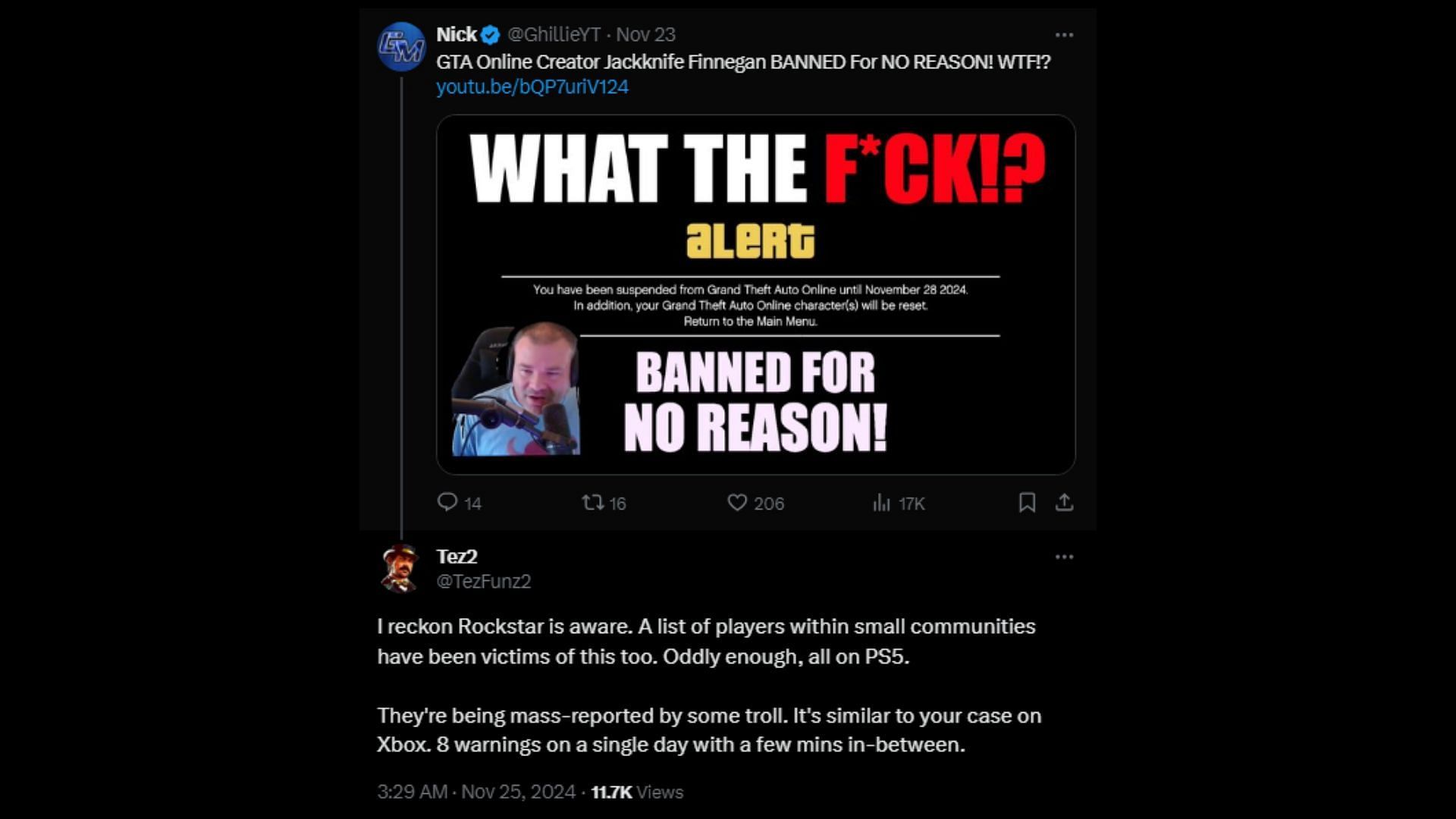 GhillieMaster and Tez2&#039;s tweets on Jackknife Finnegan getting banned (Image via X)