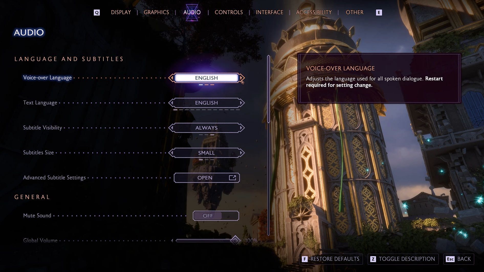 Dragon Age: The Veilguard audio settings page (Image via Electronic Arts)