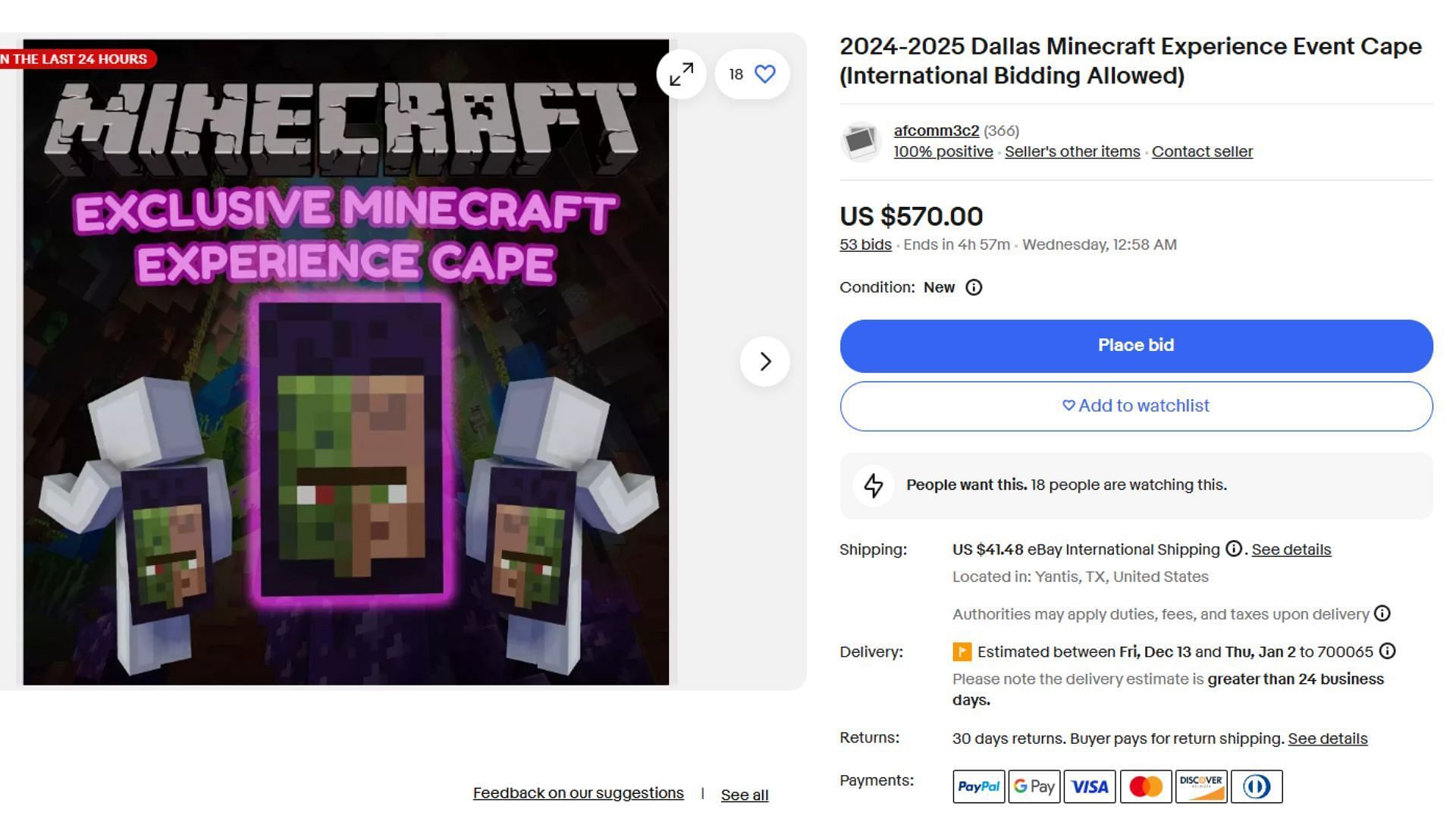 This is one of the rarest Minecraft capes being sold right now (Image via eBay)