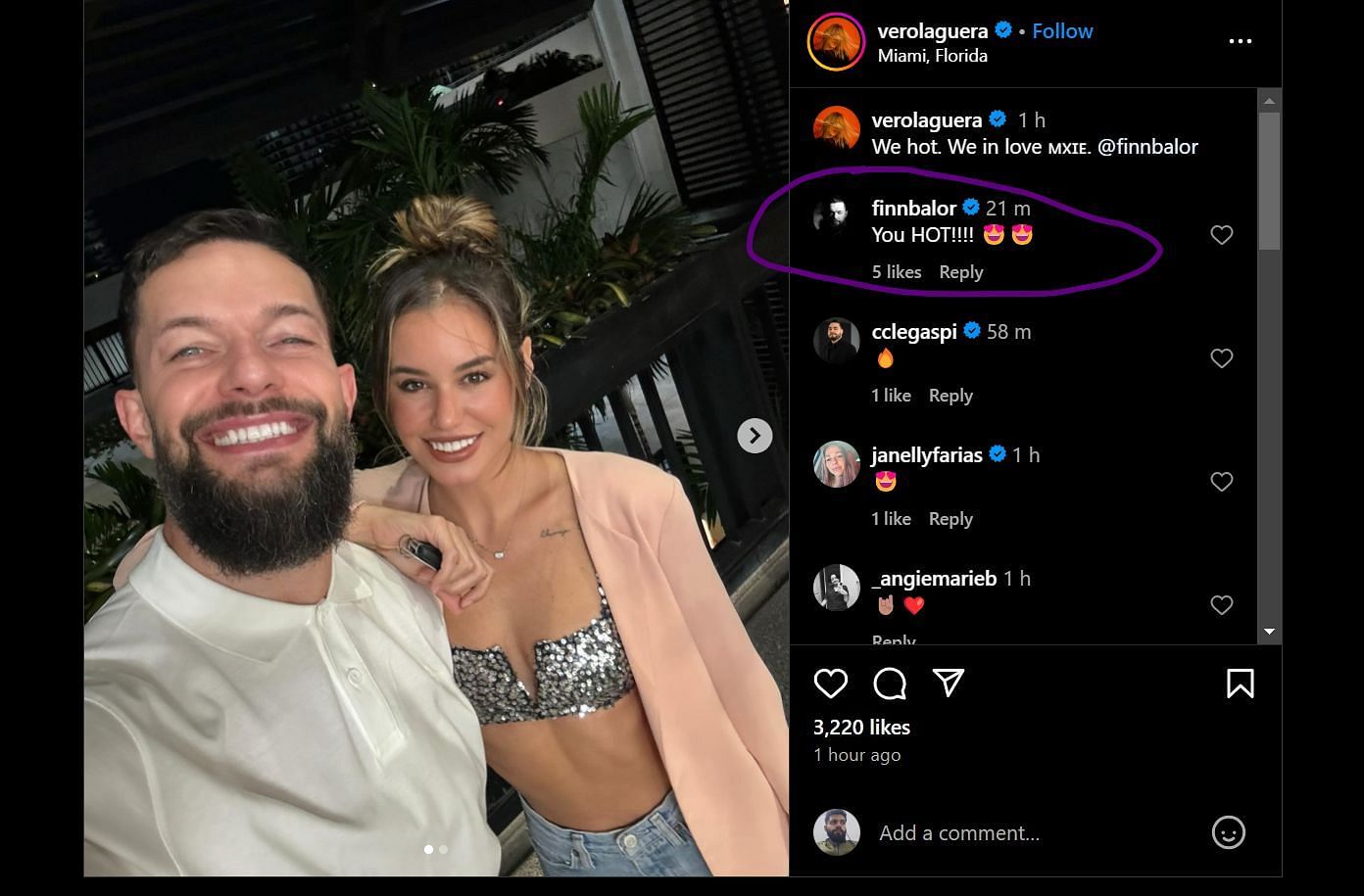 Screengrab of Finn Balor&#039;s comment on his wife&#039;s post [Image Credits: Instagram @verolaguera]