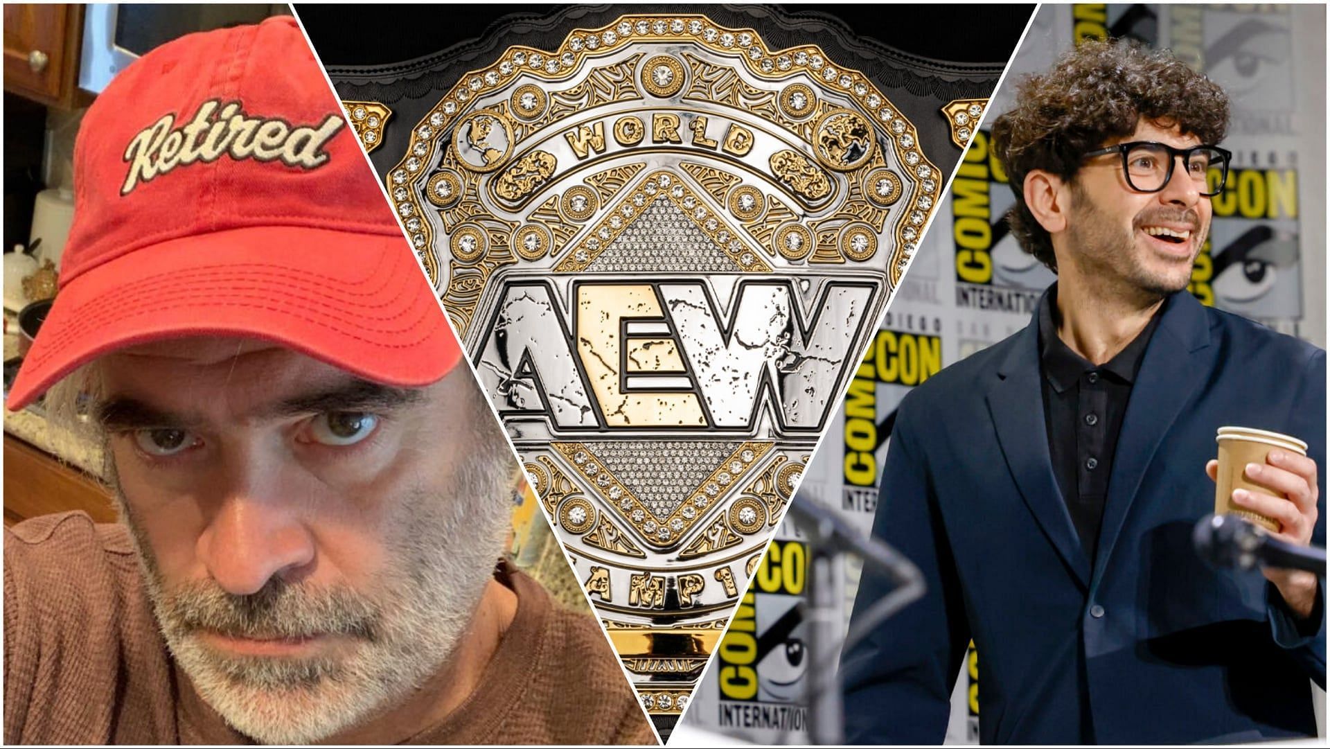 Vince Russo, the AEW World Title front plate, and Tony Khan [Image source: Russo on Instagram, AEW